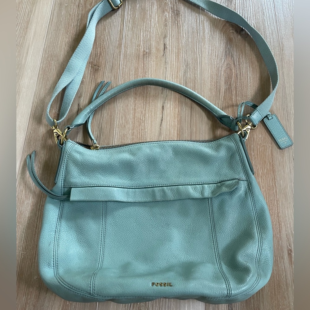 Fossil Sage Green Leather Crossbody Hobo Bag